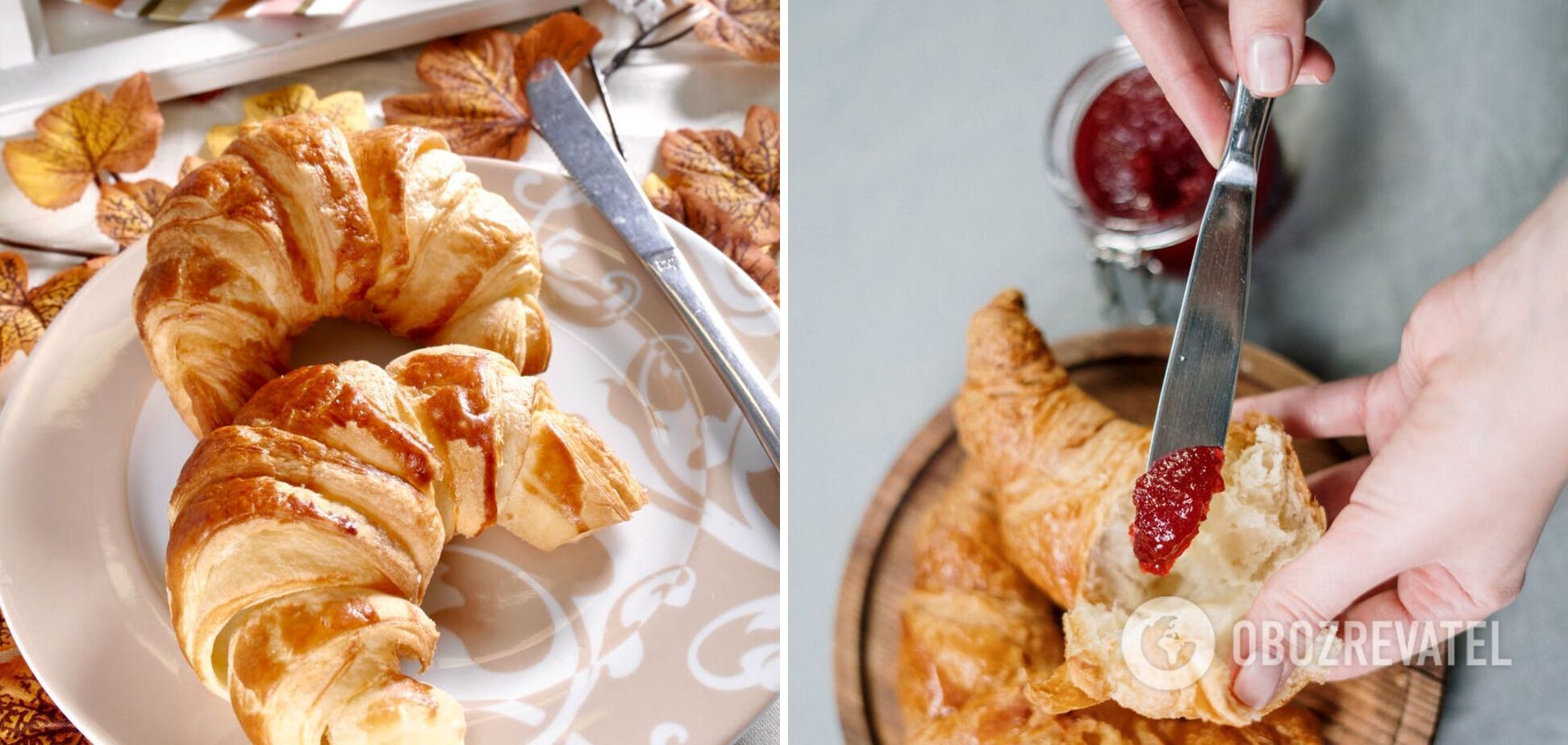 Homemade puff pastry croissants with jam