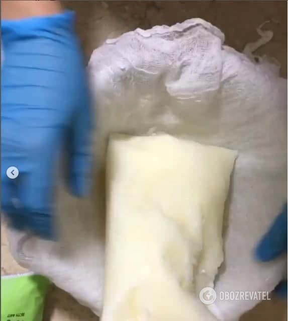 Frozen kefir on cheesecloth