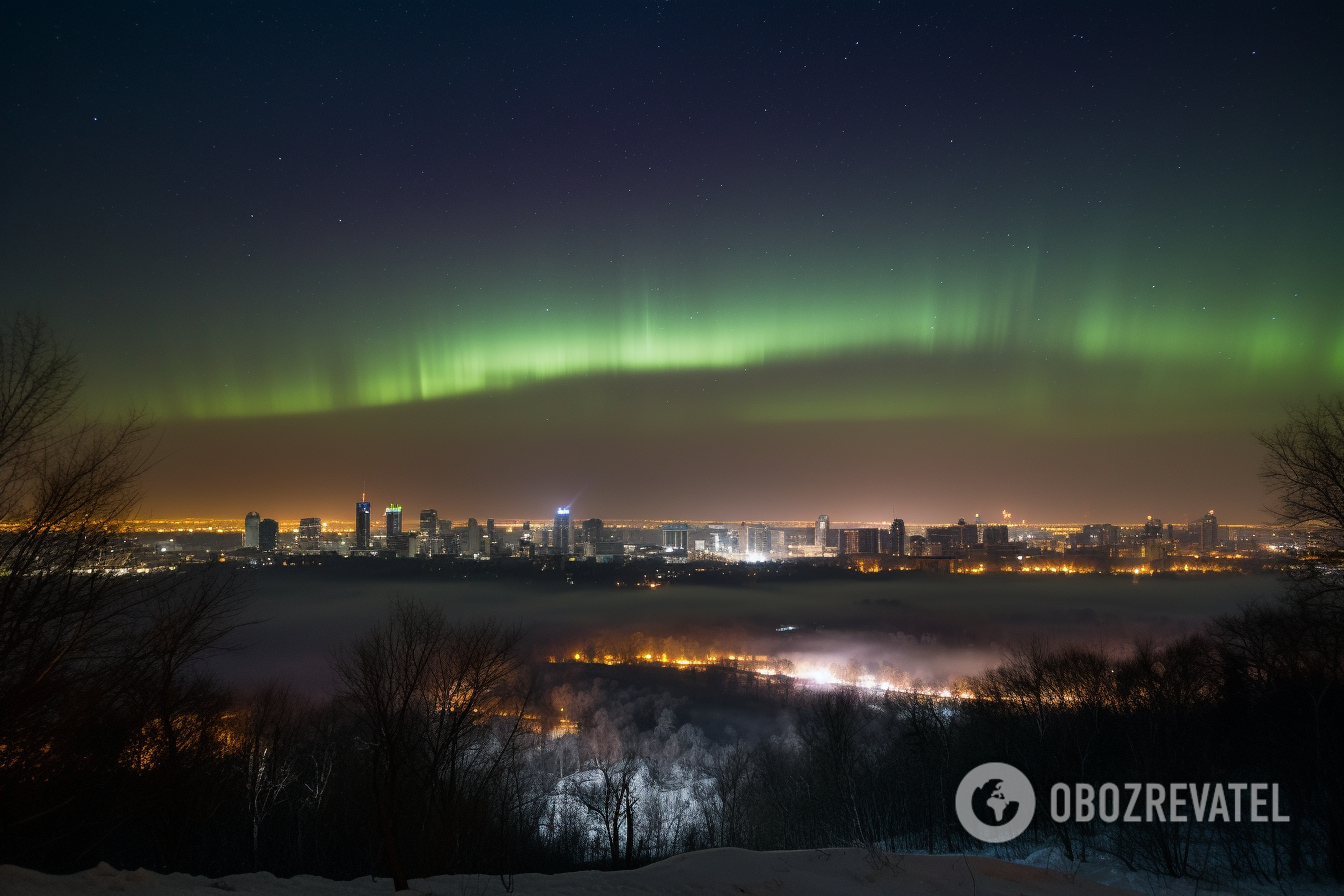 Zorza polarna nad miastem