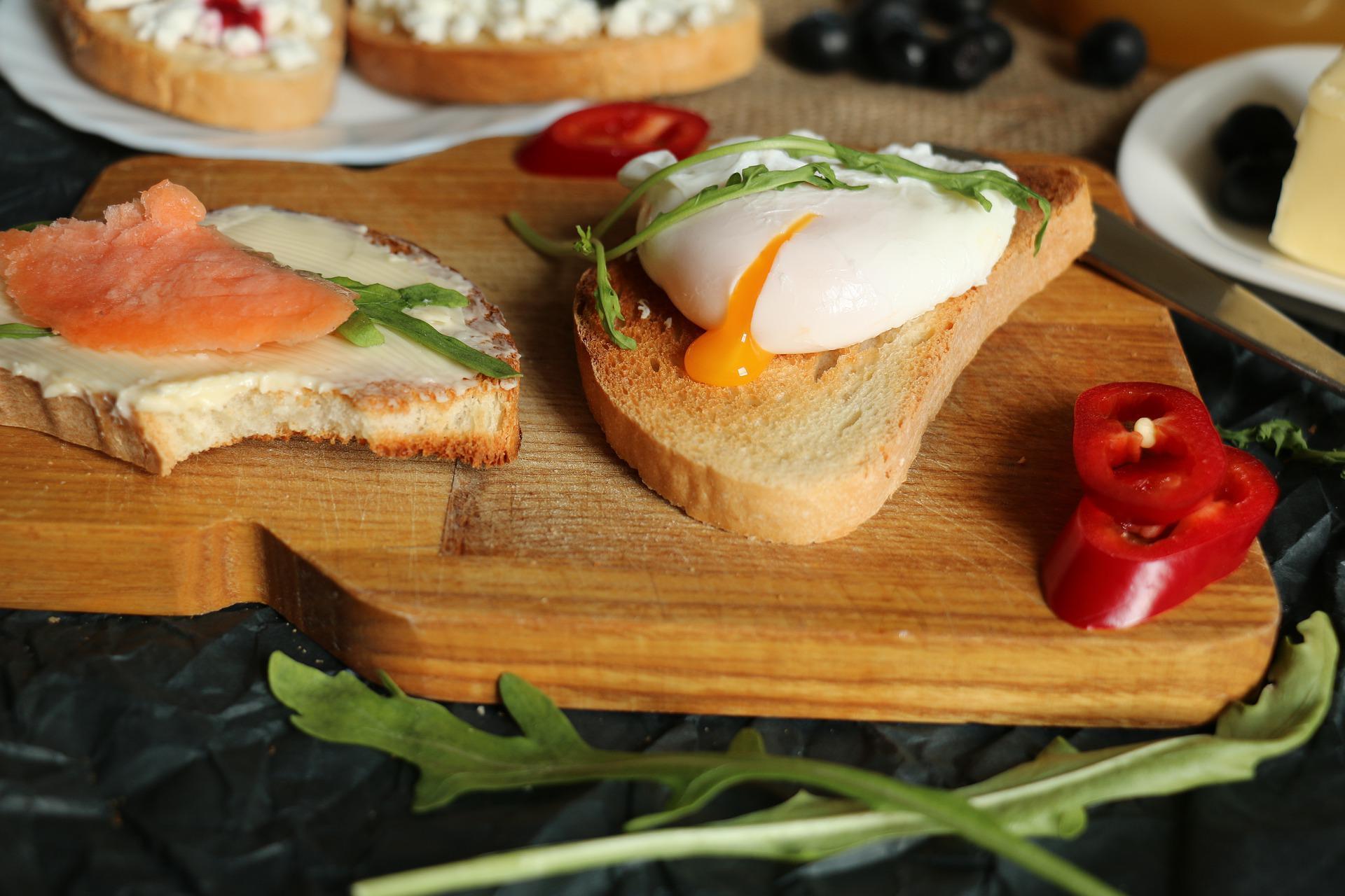 Lentil bread and poached egg sandwiches