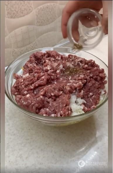 Mixing minced meat for cabbage rolls