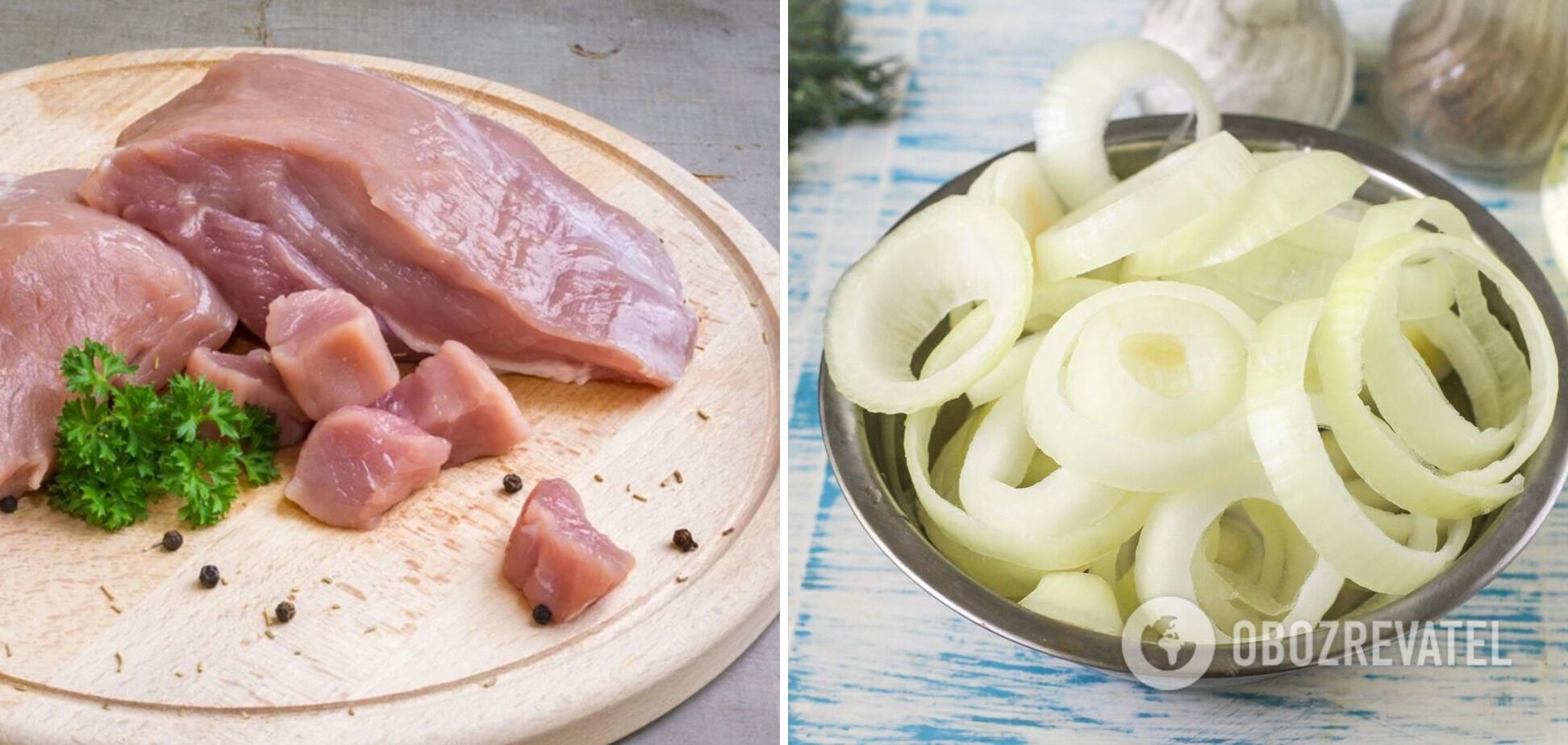 Cut fillet into cubes, onion into half rings or rings