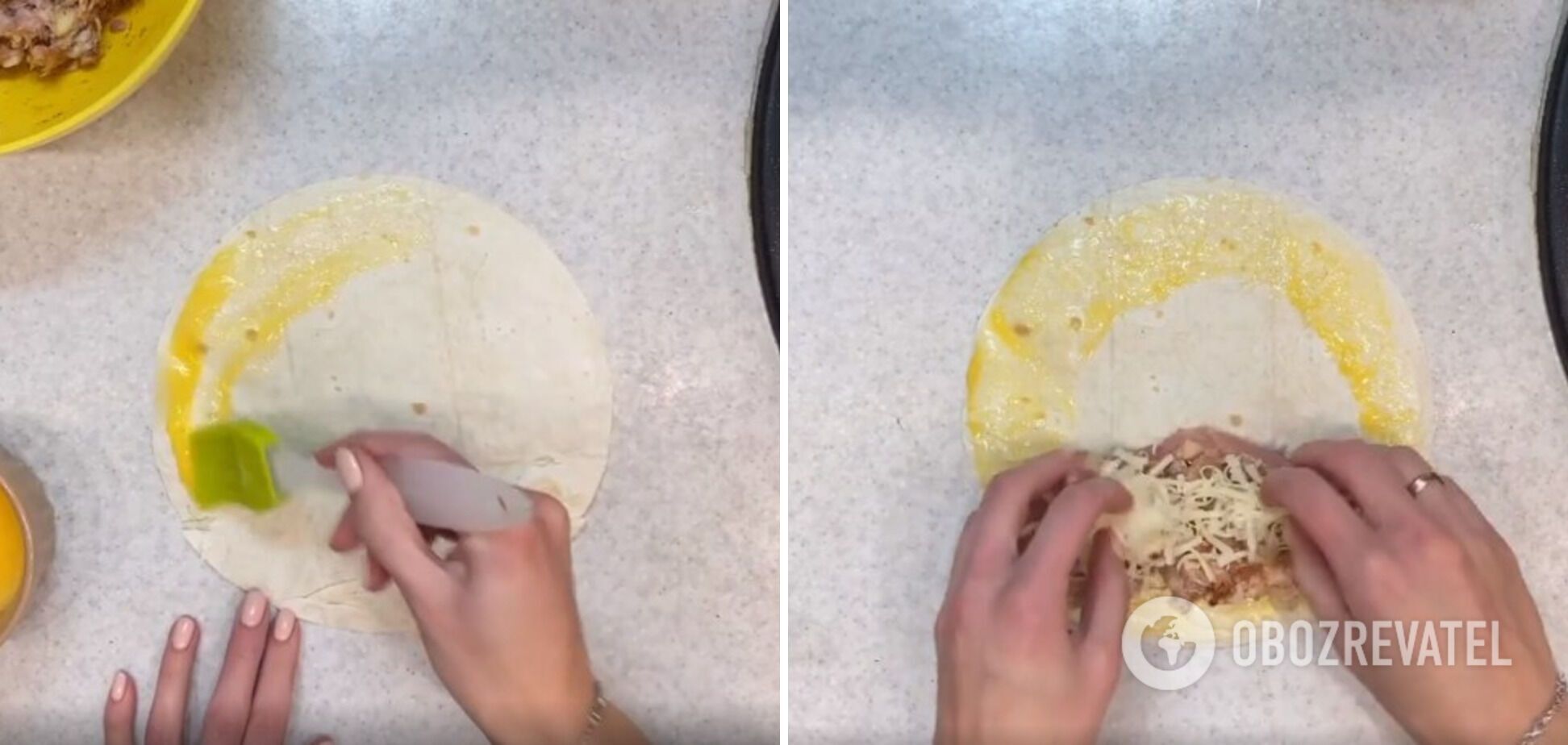 Brush the sides of the pita bread with egg and add the filling