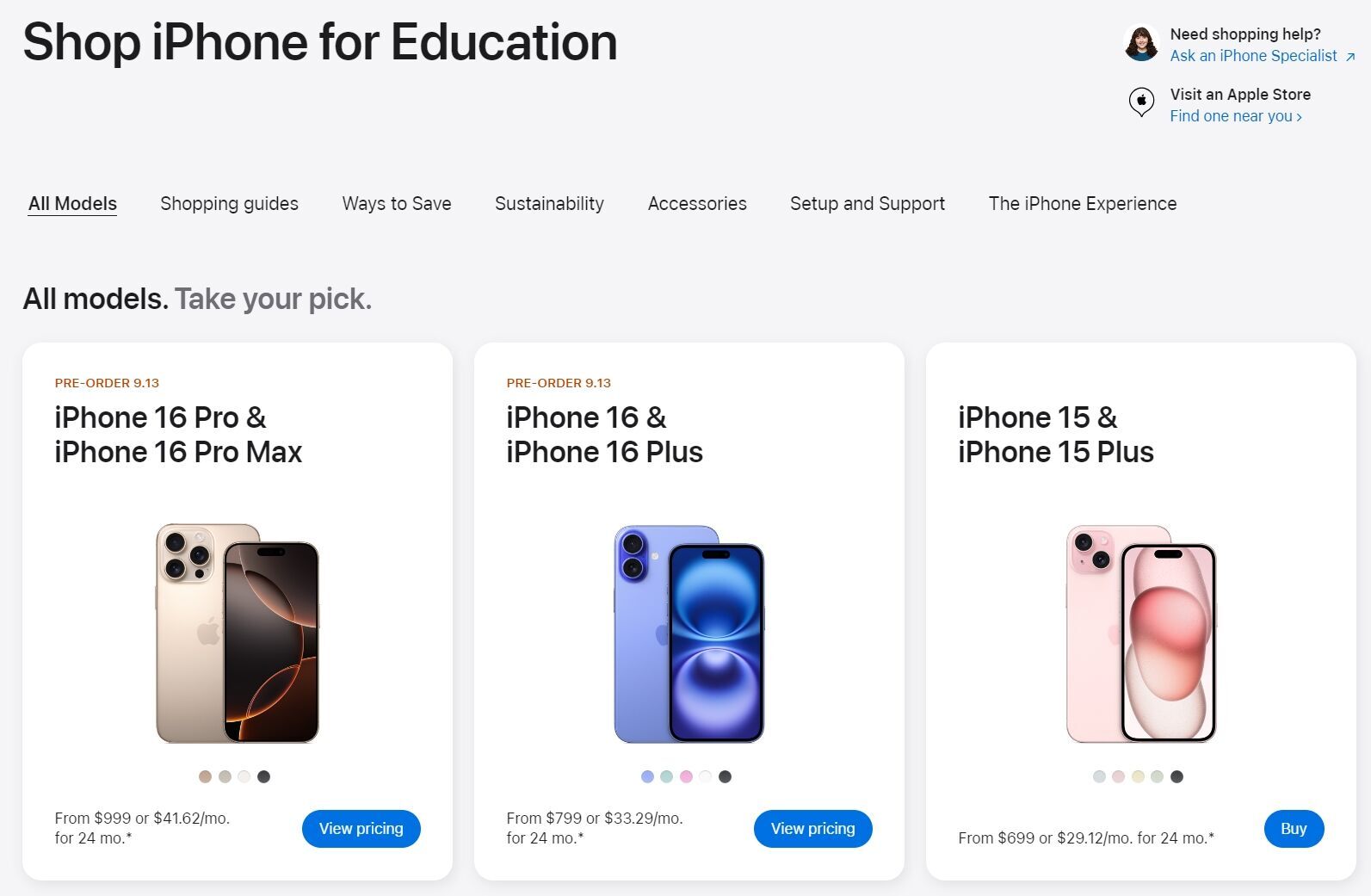 iPhone prices on the official website.