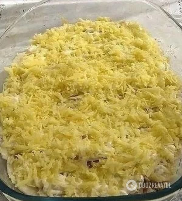 Potato casserole with meat and cheese.