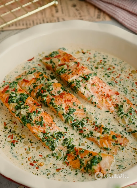 The most delicious salmon in cream sauce: cooked in a frying pan