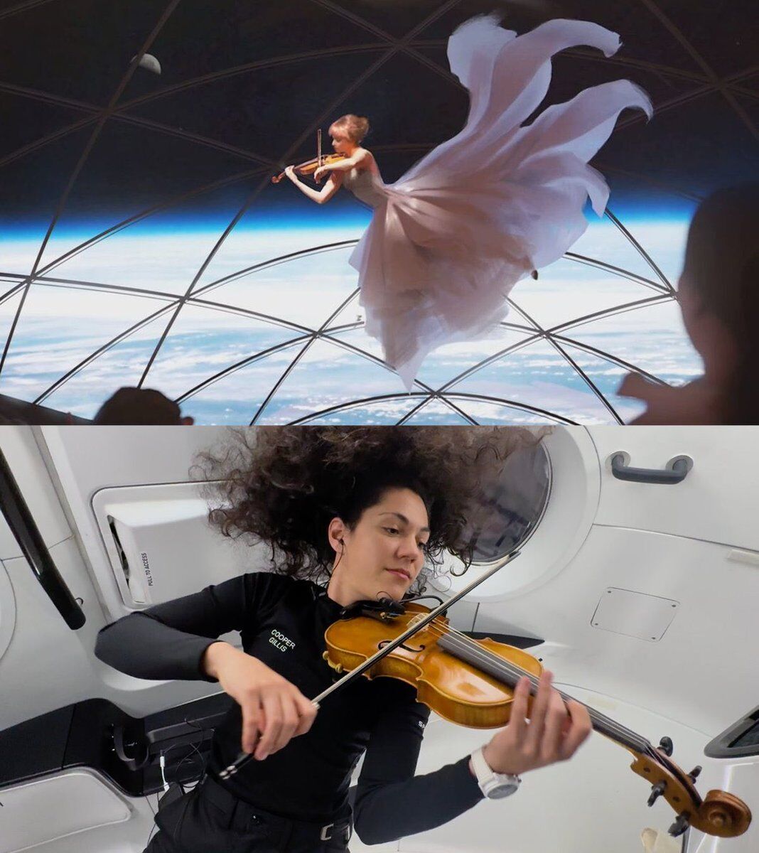 A space tourist played the Star Wars soundtrack in weightlessness: she was joined by an orchestra on Earth. Video