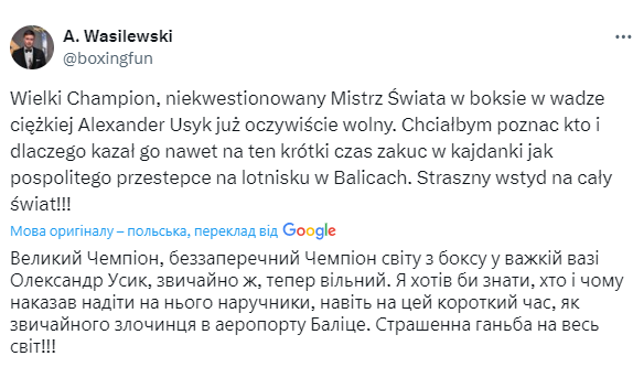 ''Shame on the whole world!'' Polish promoter reacts angrily to Usyk's detention in Krakow