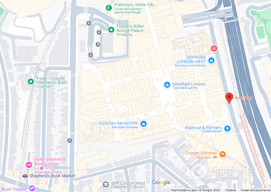 Westfield London shopping center on the map