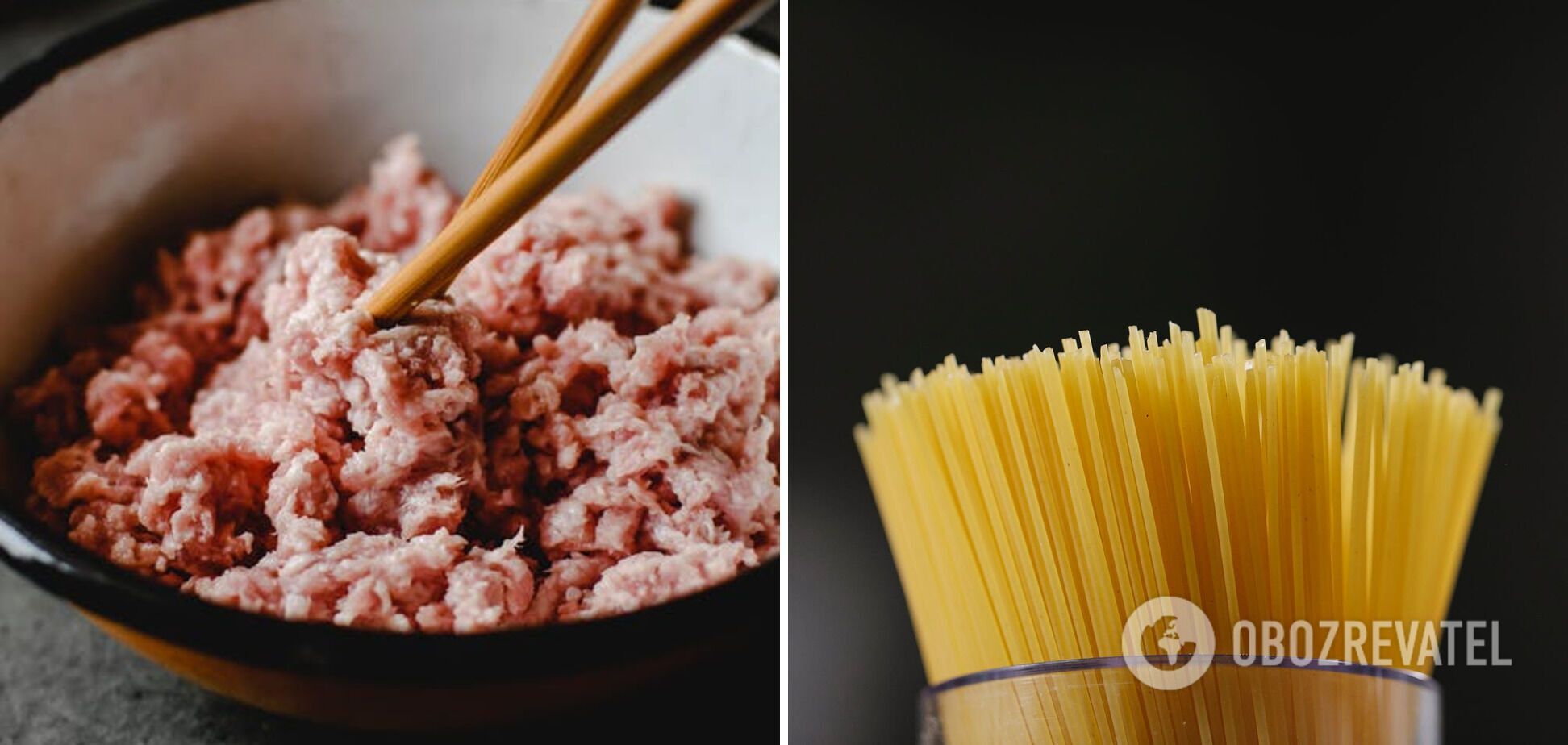 Minced meat and spaghetti.