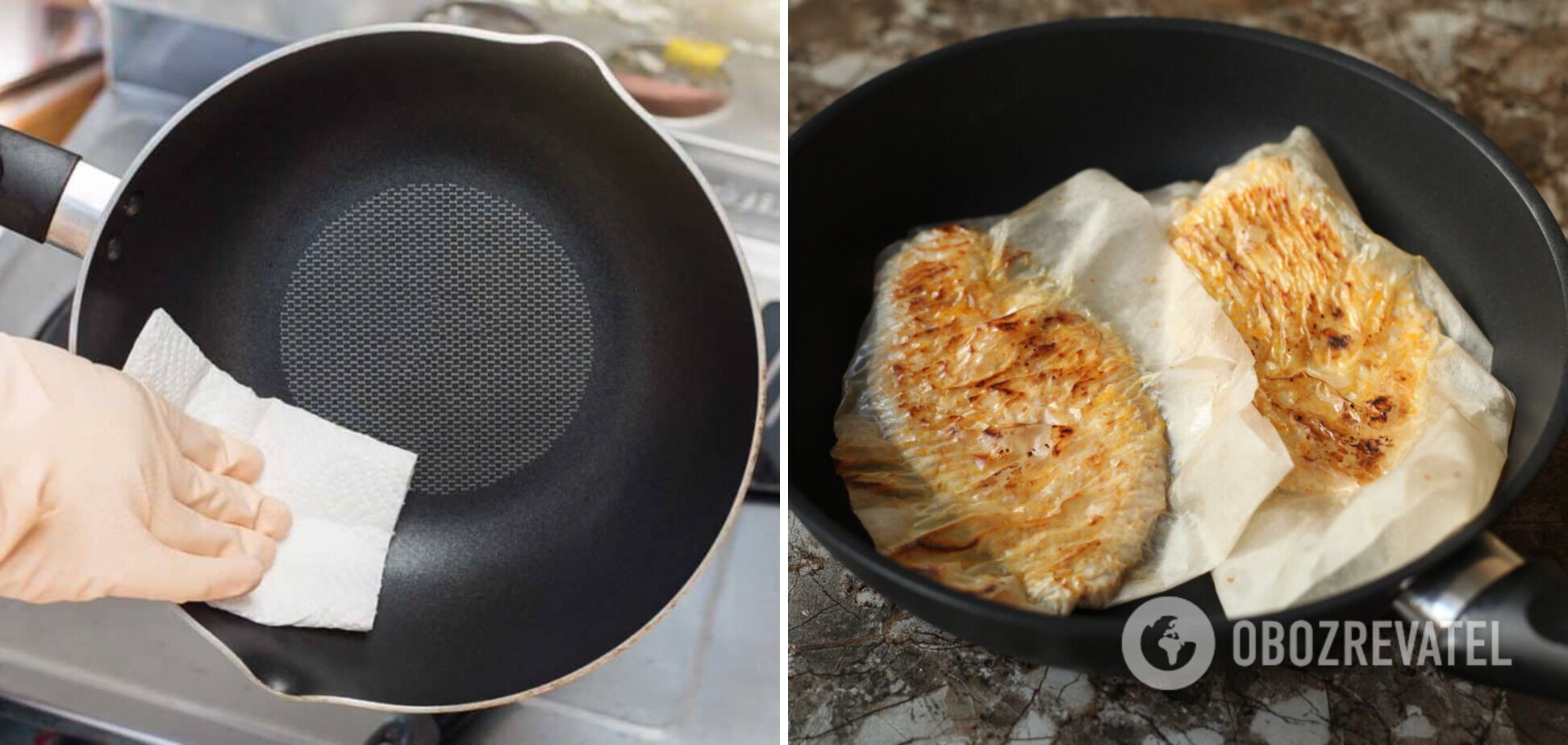 The process of frying food on parchment