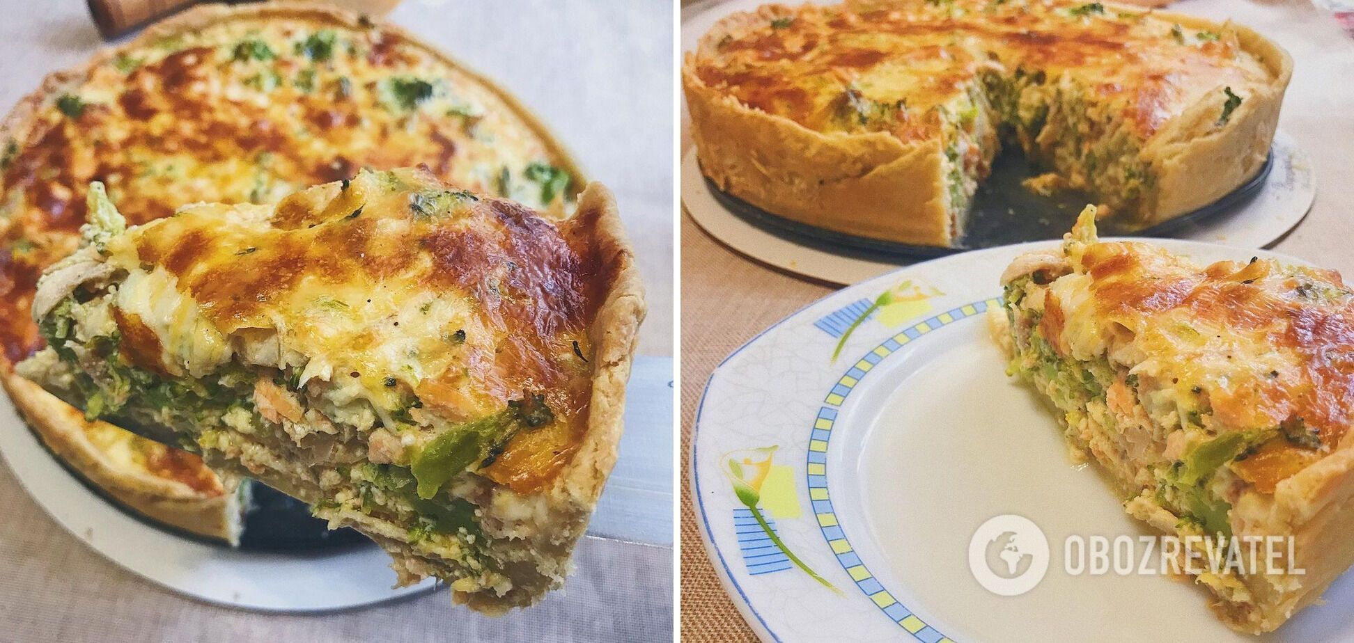 Quiche with salmon and broccoli