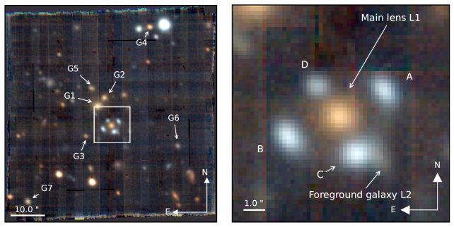 The largest Einstein's Cross was found among a carousel of galaxies: what it is and how it curves space-time. Photo.