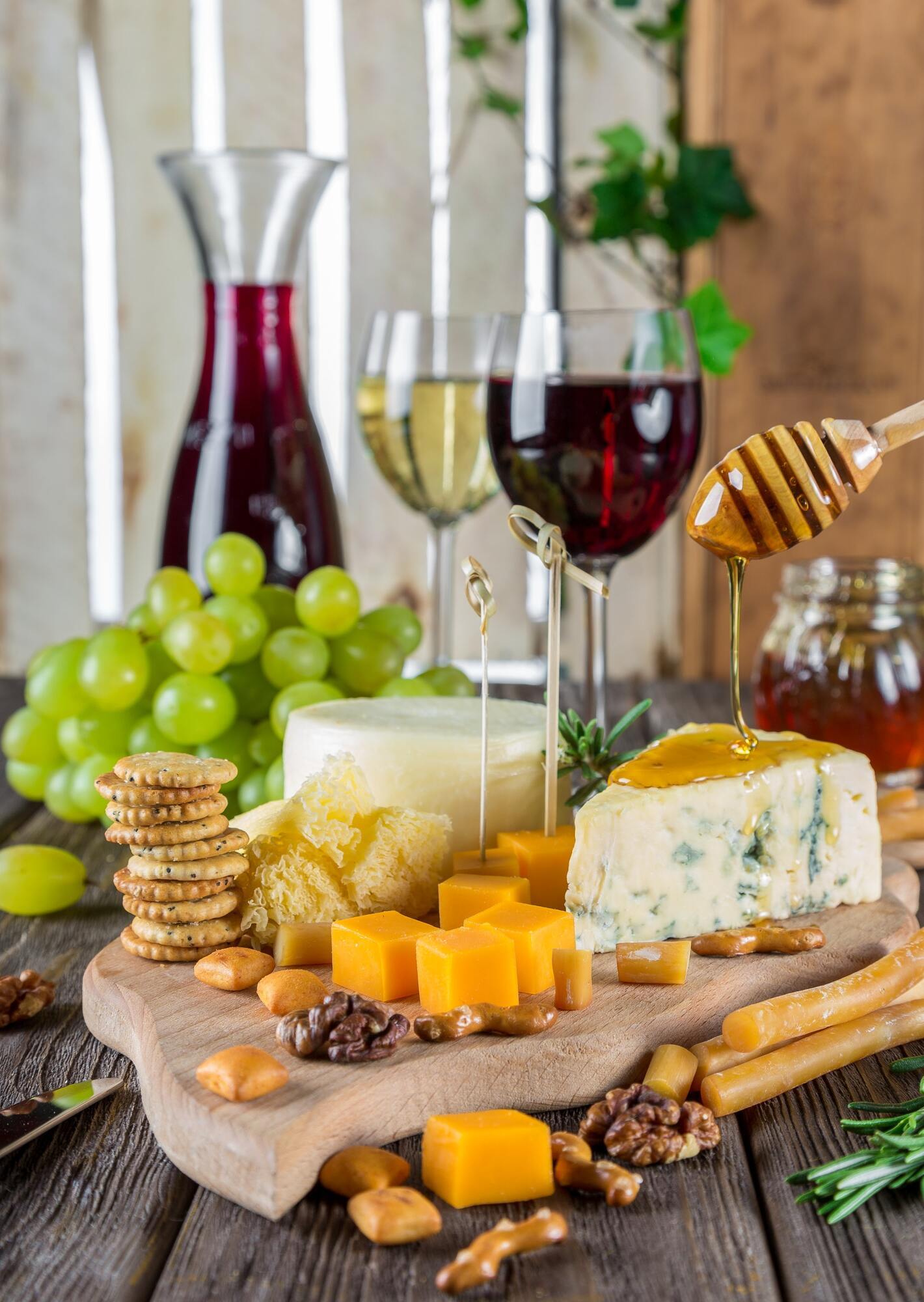 Cheese, wine and cookies make a great set for an outing in nature