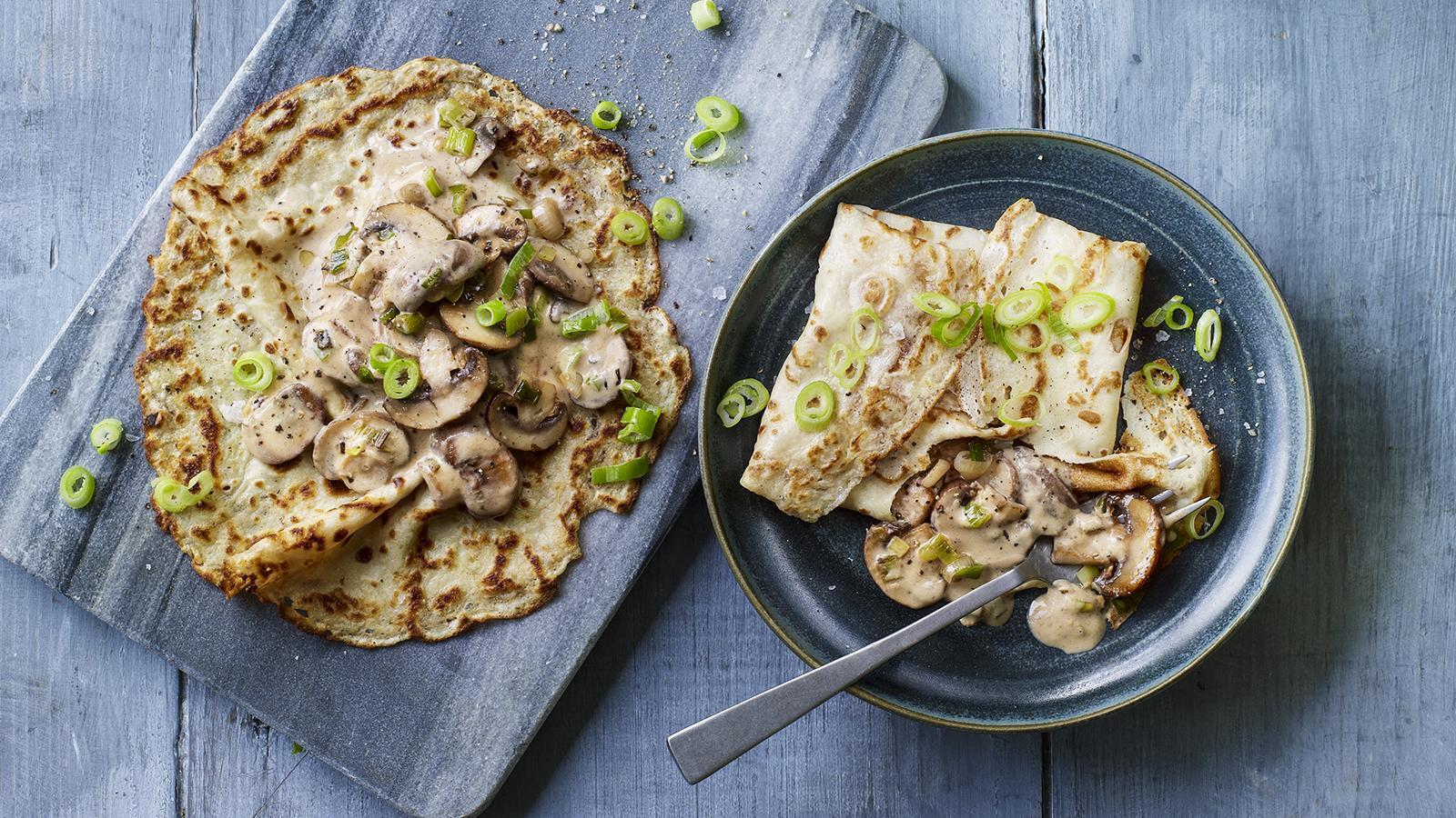 Pancakes with mushrooms for a light snack at work.