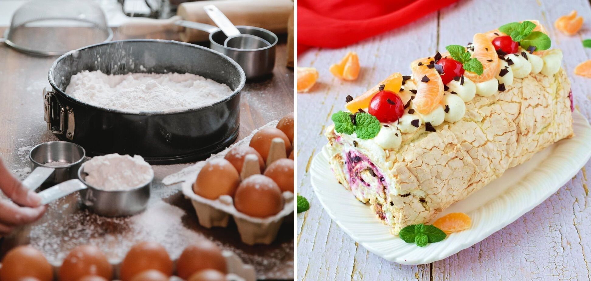 Meringue roulade with fruit.