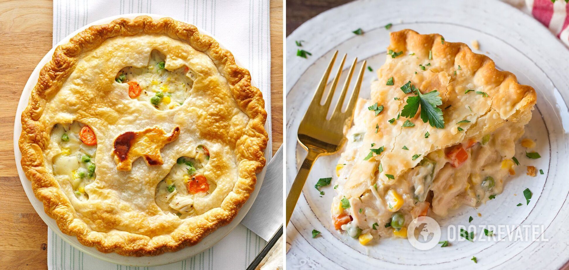 Chickpea pot pie with meat and peas