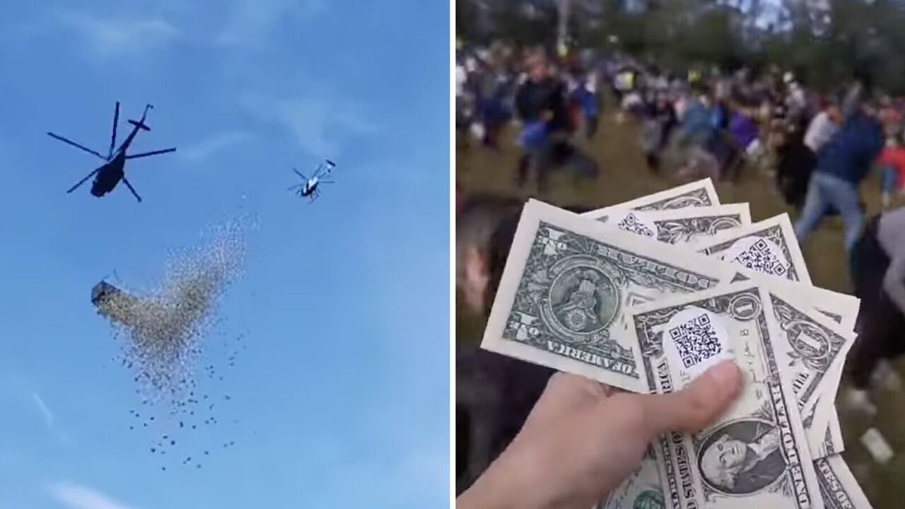 W Czechach z helikoptera zrzucono milion dolarów: tysiące ludzi zbierało pieniądze do plastikowych toreb. Wideo