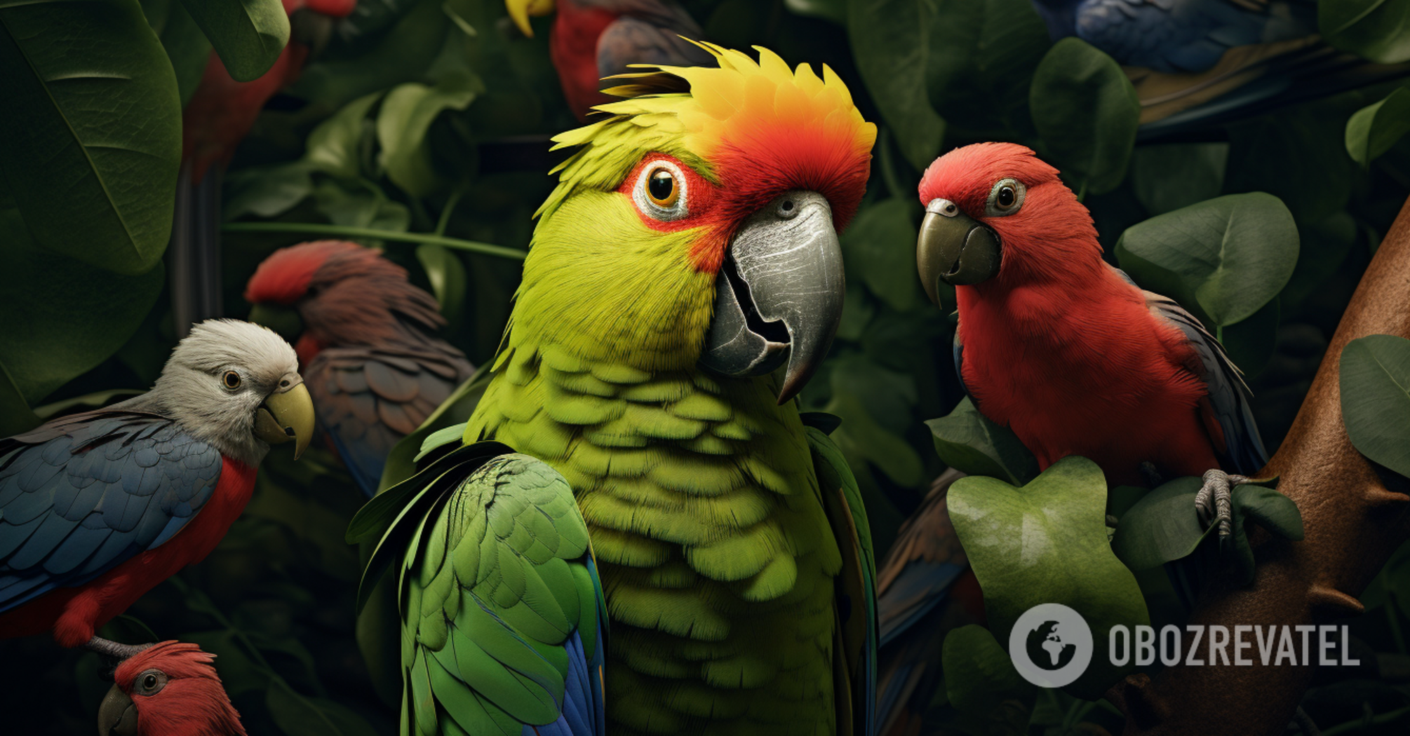 Spot the chameleon among the brightly colored parrots: only geniuses can do it in 9 seconds