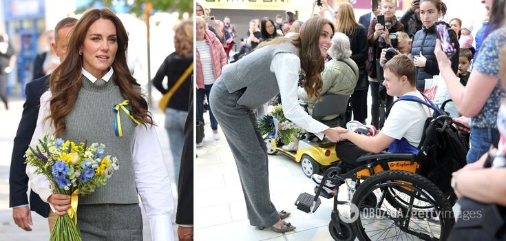 With a blue and yellow bouquet and a homemade patriotic ribbon: Kate Middleton meets with Ukrainian refugees in England