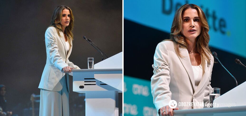Królowa Jordanii Rania w męskim garniturze Dior oszołomiła publiczność. Zdjęcie