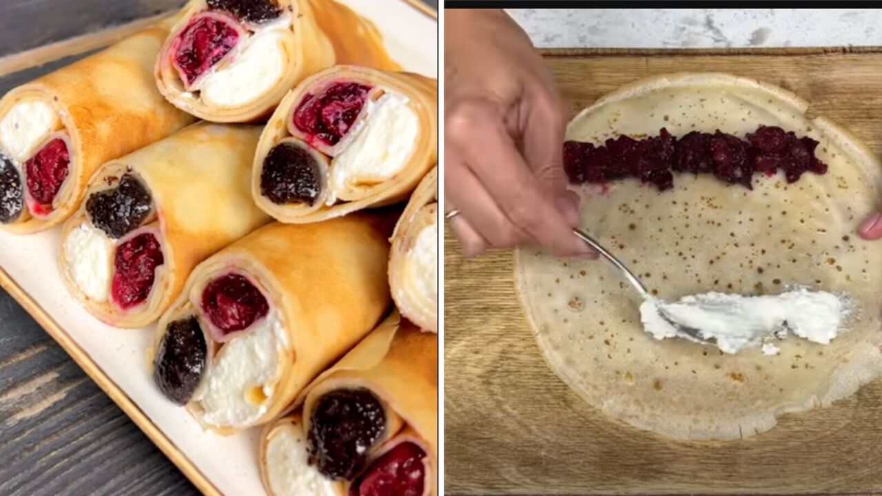 Pancakes with three layers of stuffing: an easy recipe with cottage cheese, cherries and poppy seeds