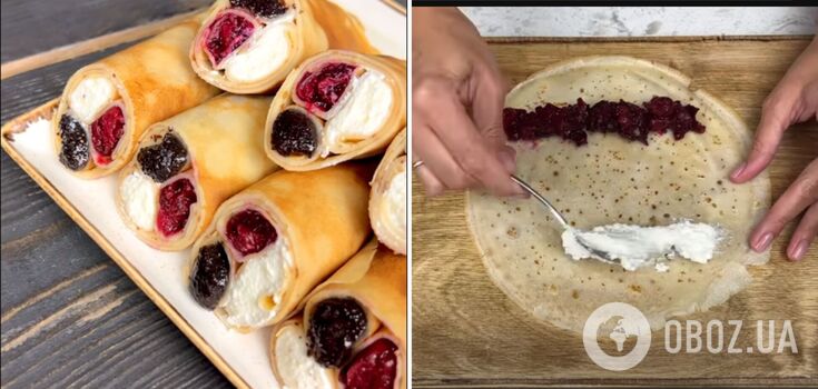 Pancakes with three layers of stuffing: an easy recipe with cottage cheese, cherries and poppy seeds
