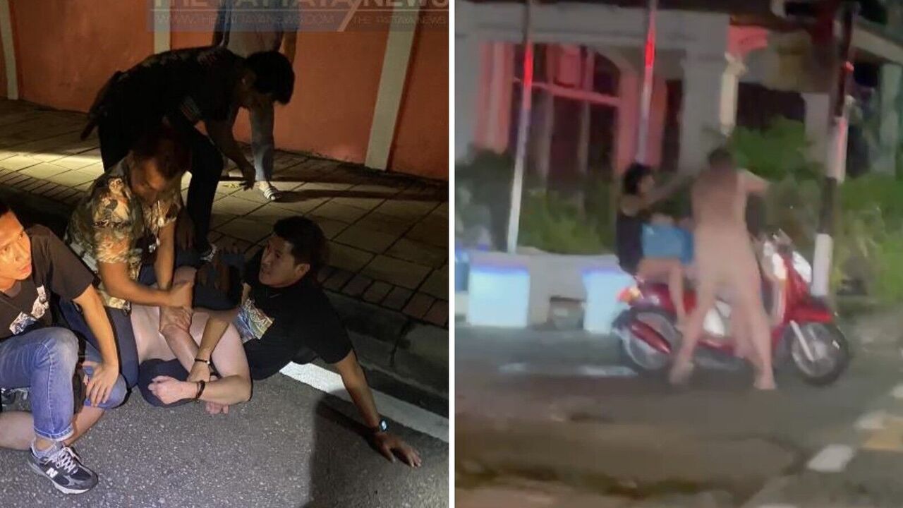 A naked Russian tourist who was swearing and attacking people was detained at a popular Thai resort. Photos, video