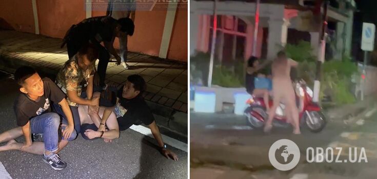 A naked Russian tourist who was swearing and attacking people was detained at a popular Thai resort. Photos, video