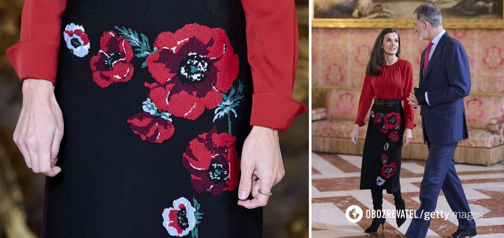 Queen Letizia impressed with her appearance in a luxurious skirt with embroidered poppies. Photo