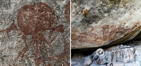 Paintings of creepy creatures with large heads discovered in ancient caves. Photo