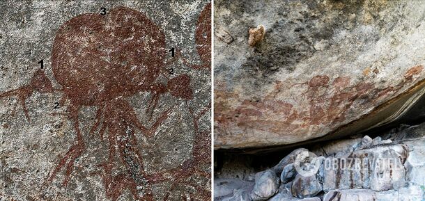 Paintings of creepy creatures with large heads discovered in ancient caves. Photo