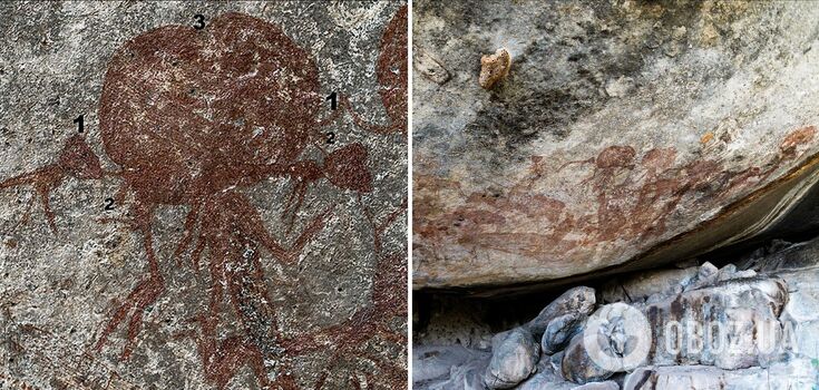 Paintings of creepy creatures with large heads discovered in ancient caves. Photo