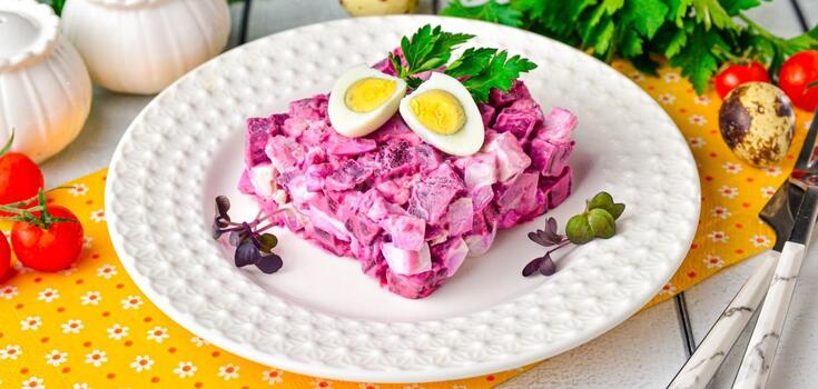 Tastier than Vinaigrette: a healthy salad with beets, boiled eggs, and pickles for the Christmas table
