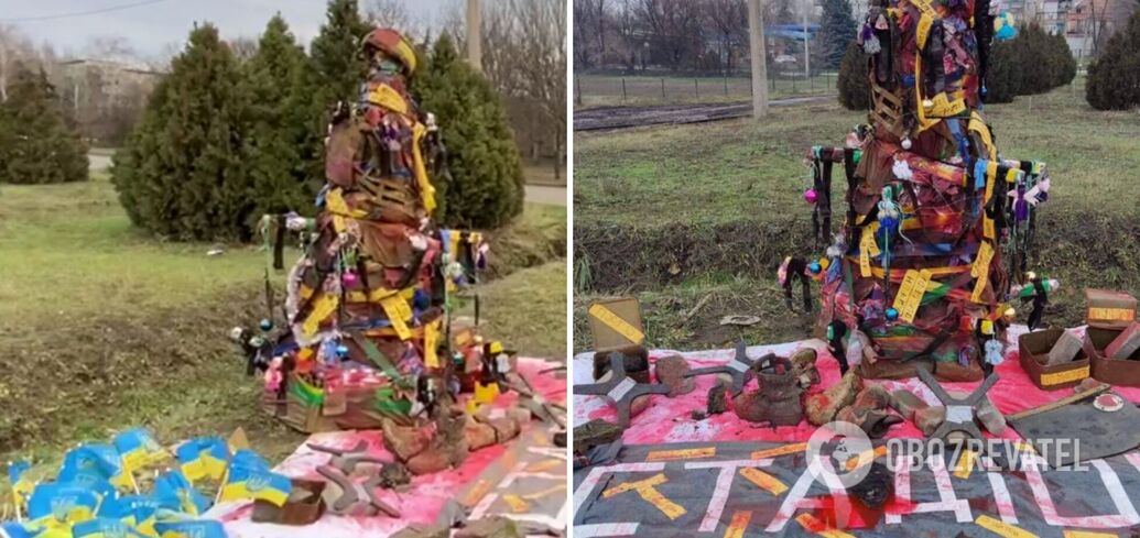A special Christmas tree was set up in Konstantynivka: made of the belongings of wounded and killed soldiers. 