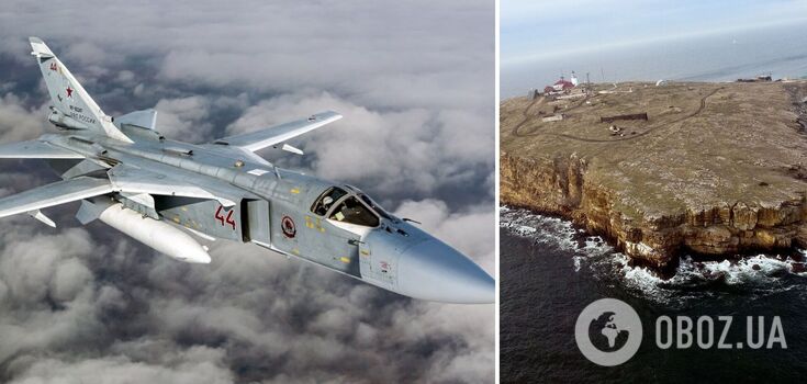A Russian Su-24M bomber is destroyed near Snake island