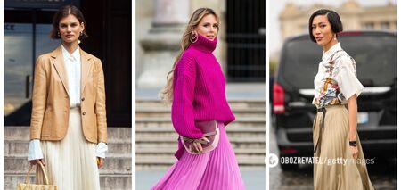 One thing - 5 looks: stylish ideas on how and with what to combine a pleated skirt. Photo.