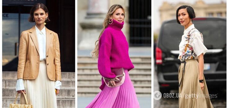 One thing - 5 looks: stylish ideas on how and with what to combine a pleated skirt. Photo.