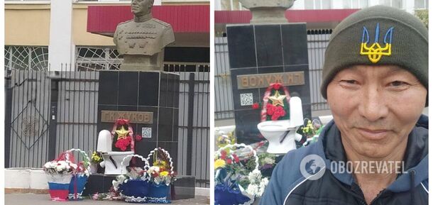 Kazach w czapce z trójzębem wniósł 9 maja pod pomnik Żukowa w Uralsku muszlę klozetową: Rosjanie histeryzują. Zdjęcie z akcji