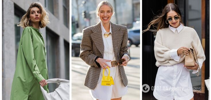 One outfit - five different images: stylish ideas with what to wear a shirt dress. Photo