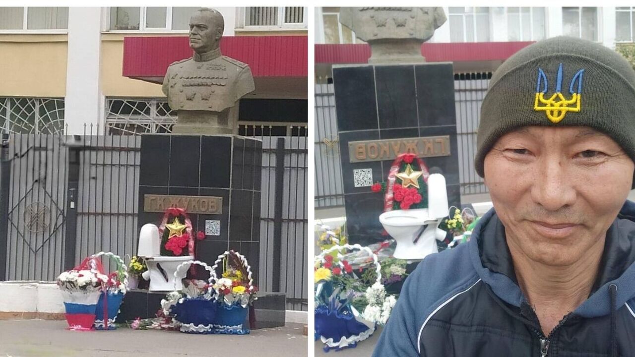 Kazach w czapce z trójzębem wniósł 9 maja pod pomnik Żukowa w Uralsku muszlę klozetową: Rosjanie histeryzują. Zdjęcie z akcji