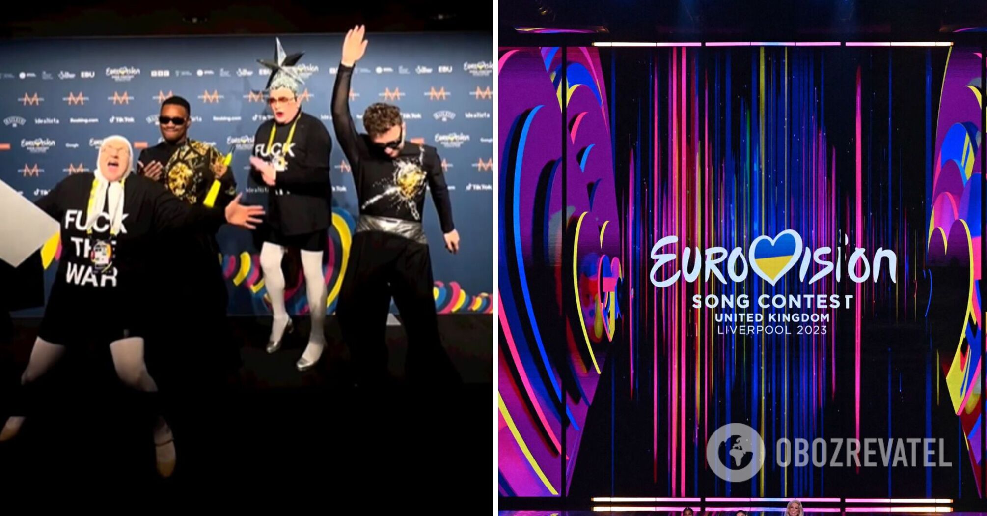 Serdyuchka and her mother wearing anti-war T-shirts and TVORCHI gave an impromptu concert backstage at Eurovision 2023. Video.