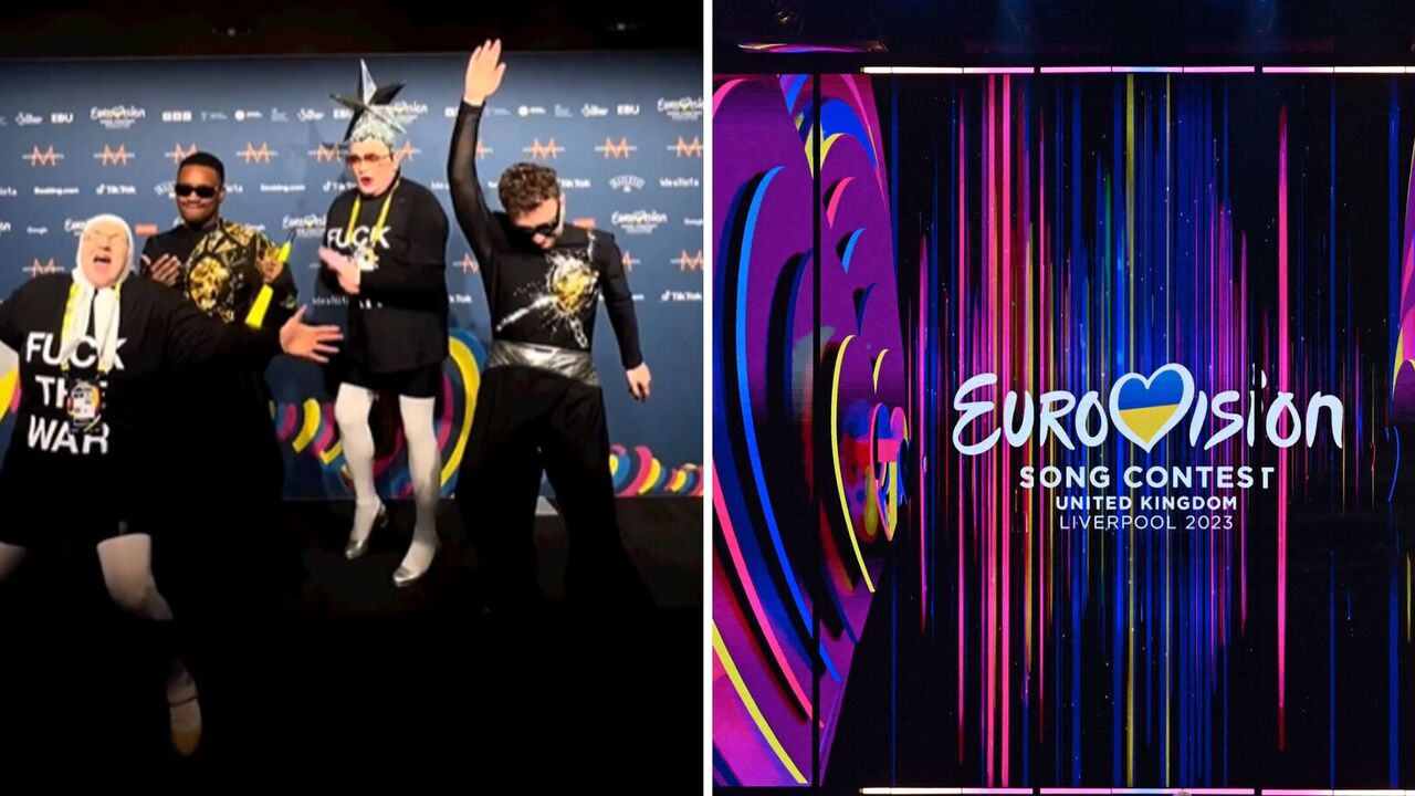 Serdyuchka and her mother wearing anti-war T-shirts and TVORCHI gave an impromptu concert backstage at Eurovision 2023. Video.