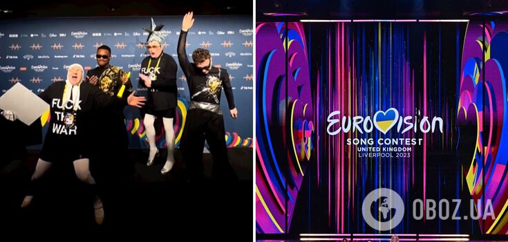 Serdyuchka and her mother wearing anti-war T-shirts and TVORCHI gave an impromptu concert backstage at Eurovision 2023. Video.
