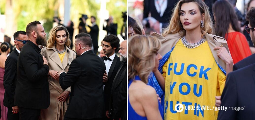 Supermodel Baikova arrives at the Cannes Film Festival wearing a F*ck you Putin T-shirt: she was surrounded by bodyguards. Photos and videos