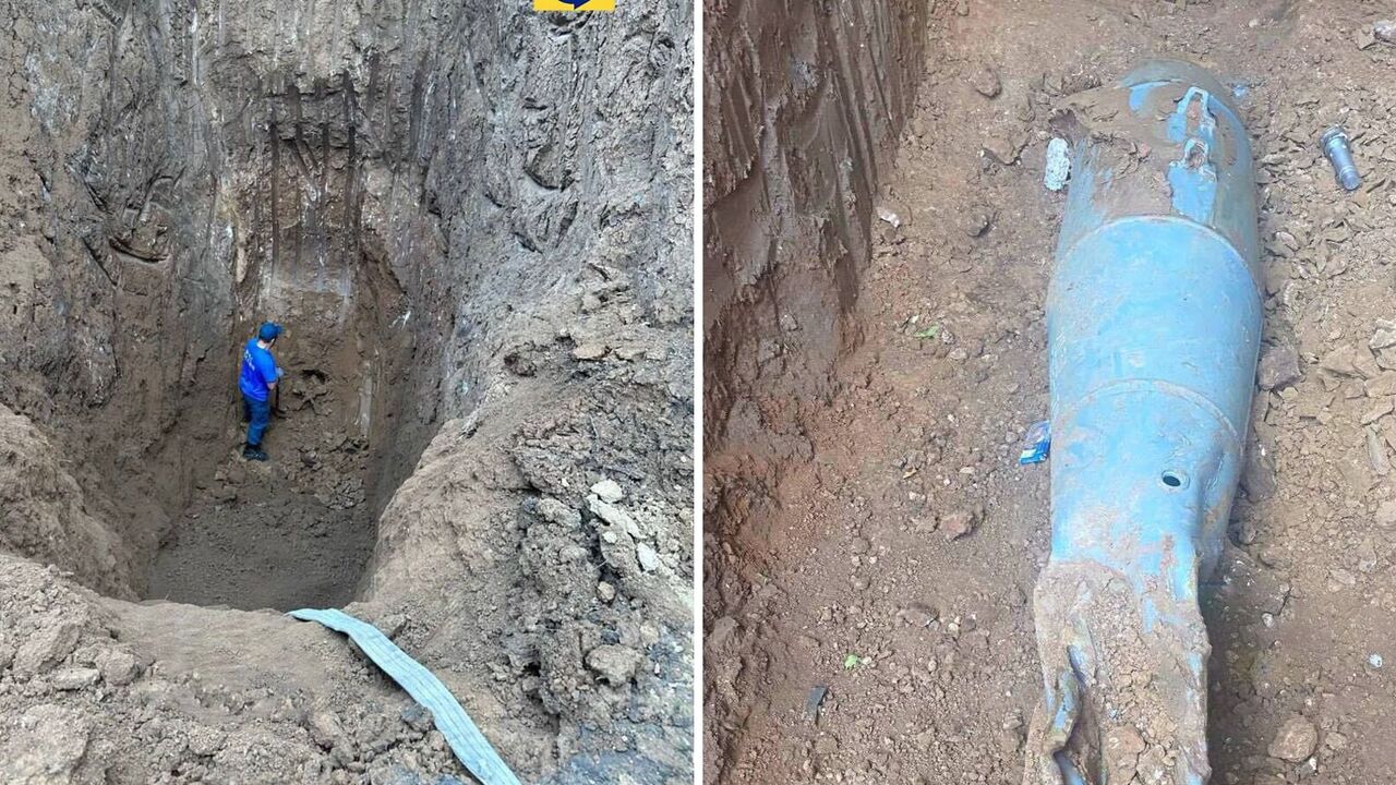 Skutki rosyjskich bombardowań: niewybuch bomby FAB-500 znaleziono w dzielnicy mieszkalnej w Mariupolu. Zdjęcie