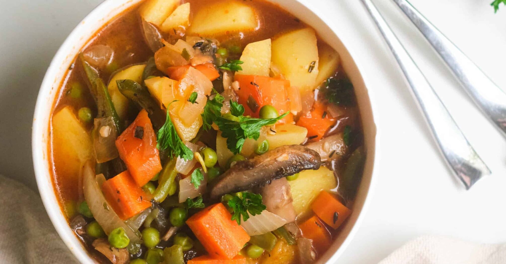 Tasty vegetable stew with meat for a hearty lunch: cooked without frying