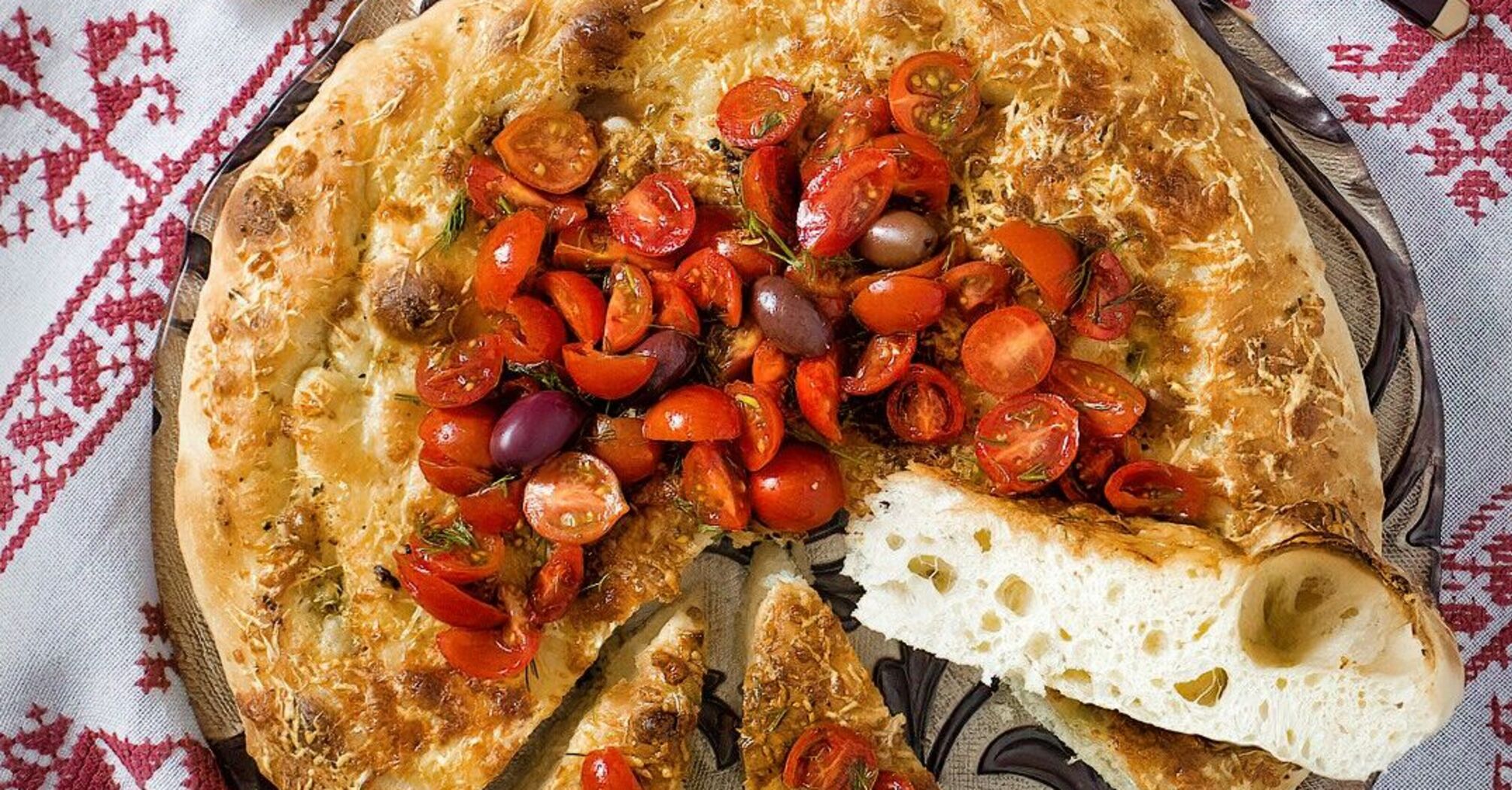 Ukrainian-style Roman pizza to serve with halushky, sauce and juicy homemade tomatoes