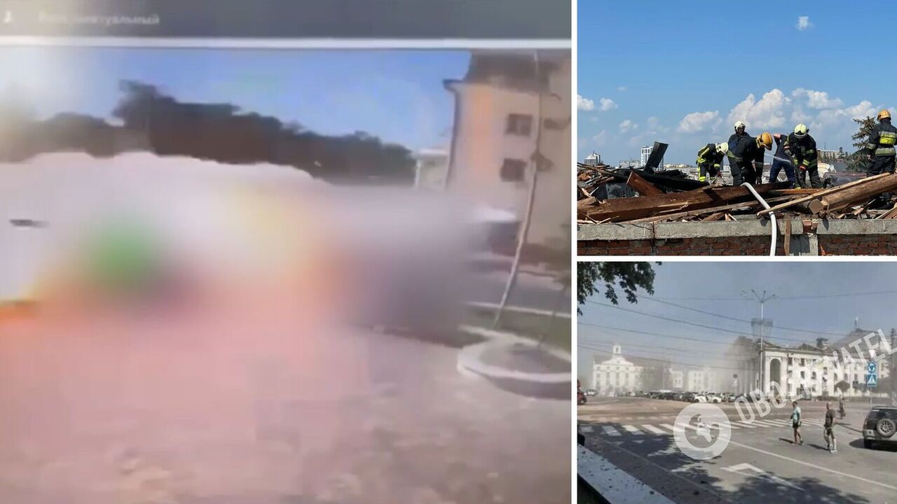 Jak wyglądał moment uderzenia rosyjskiej rakiety w centrum Czernihowa: nagranie z kamery monitoringu