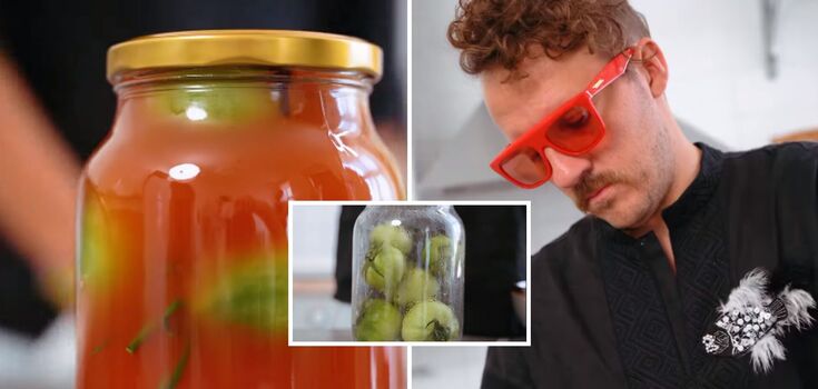 Delicious pickled green tomatoes in red marinade for winter: